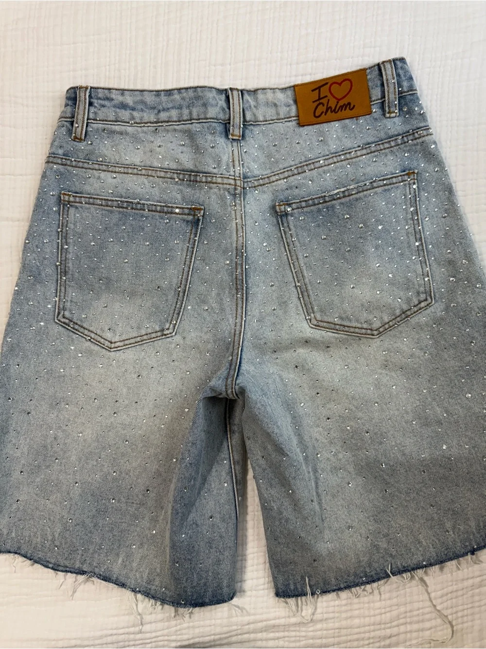 Light Blue Rhinestone-Studded Men's Denim Shorts